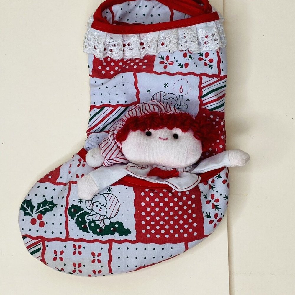 Vtg Patchwork Quilt Christmas Stocking W 3-D Doll Small Possibly Homemade ?